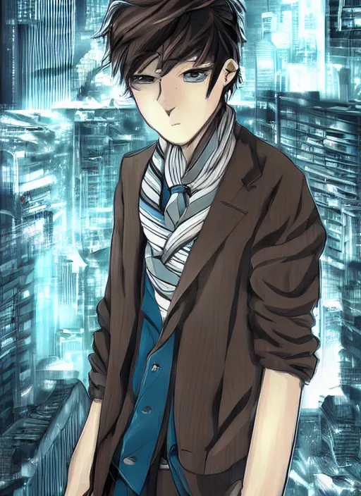 Prompt: manga cover, white teenage boy with short brown hair, grey blazer and striped shirt, blue and black scarf, blue eyes, intricate cyberpunk city, emotional lighting, character illustration by tatsuki fujimoto