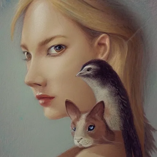 Image similar to beautiful detailed artistic portrait of a person with their spirit animal. grainy and rough. fine detail. soft colour scheme. artistic painting by lurid ( 2 0 2 2 ). featured on deviantart.