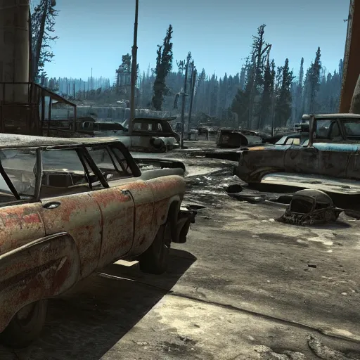 Image similar to Yellowstone national park in ruins post-nuclear war in Fallout 4, in game screenshot