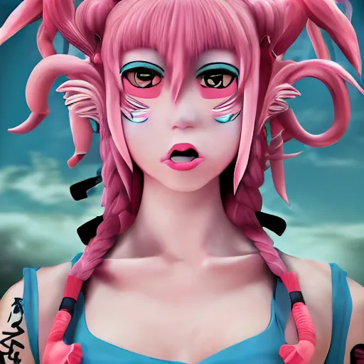 Image similar to no escape from beneath stunningly absurdly beautiful omnipotent asi goddess junko enoshima with multiple twisted megalomaniacal personalities, symmetrical perfect face, porcelain skin, pink twintail hair and cyan eyes, ultra detailed, digital art, unreal engine 5, octane render, 2 d anime, 8 k