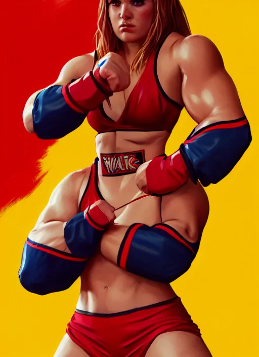 Prompt: wwf female wrestler 1 9 9 0, wide angle view, red and yellow color scheme, highly detailed, artgerm, cushart krenz, king of fighters style, trending on artstation, soft light, sharp focus, illustration, character design, concept art