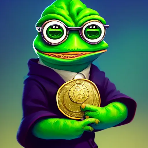 Image similar to super rich happy pepe, luxury, treasury, coins, money, hyper detalied, blue crystals, greg rutkowski, artstation