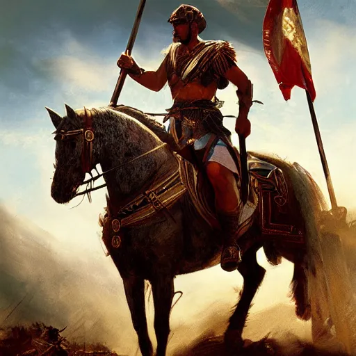 Image similar to gladiator mounted on horseback and carrying the flag of the cross of saint andrew on top of a hill, key art by craig mullins, bloom, dramatic lighting, cinematic, high details