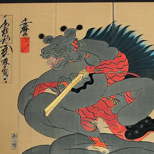 Prompt: ancient japanese ukiyo - e painting of a chinese warrior in clothes with a broadsword jump and hit the chinese dragon down hard, dark cloud and lightning on the grounddramatic lighting, cg, whole body, extremely detailed, 8 k, sophisticated