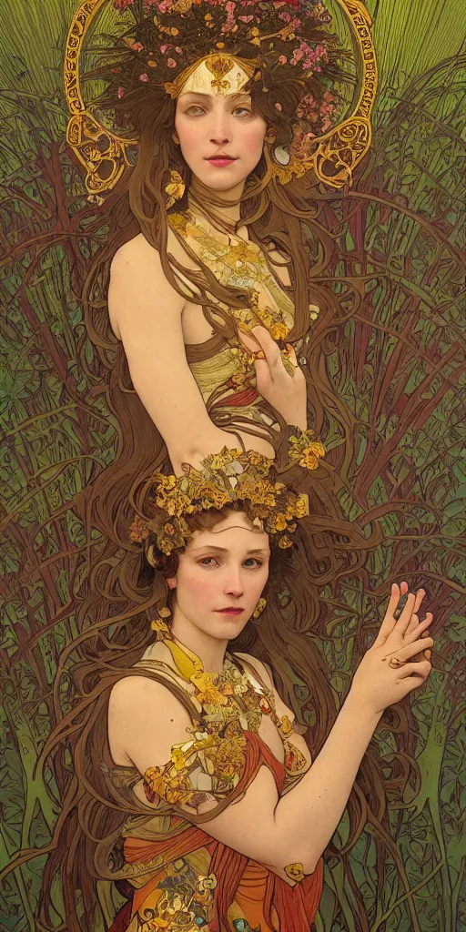 Image similar to a portrait of a beautiful female godess of spring, tarot card style, by Mohrbacher and Moebius and Alphonse Mucha and Roger Deakins, cinematic lighting, masterpiece, highly detailed, 8k resolution, trending on art station