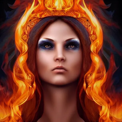 Image similar to perfectly centered close up portrait of goddess of fire, perfect human female specimen, candid photography, by anne stokes, highly detailed