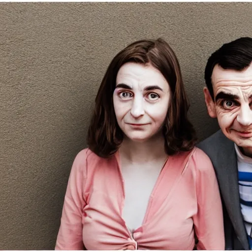 Image similar to A portrait mr bean elizabeth teams up with a teenage mr bean, perfect faces, 50 mm, award winning photography