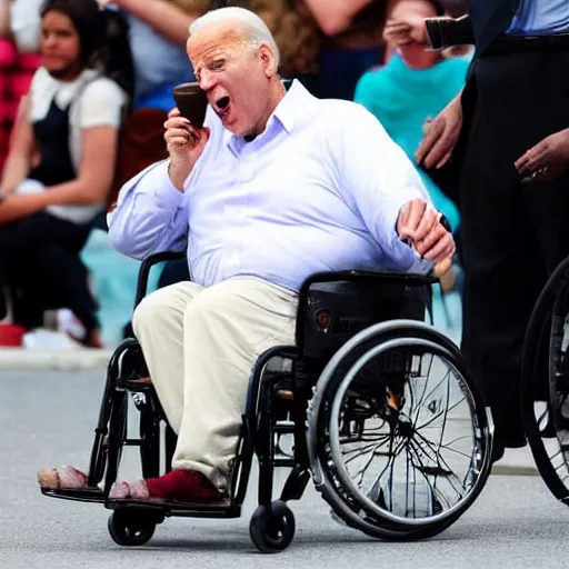 Image similar to obese joe biden sitting in a wheelchair, licking icecream