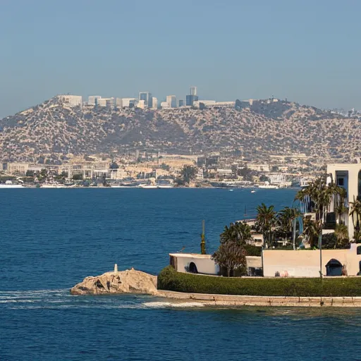 Prompt: Los Angeles villa viewed from the port of Marseilles