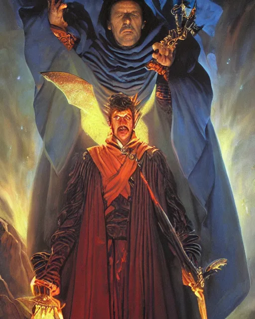 Image similar to portrait of Davis Hume as a powerful dungeons and dragons warlock, wearing dark robe, intricately detailed, realistic, oil painting, by jeff easley, boris vallejo, cinematic lighting