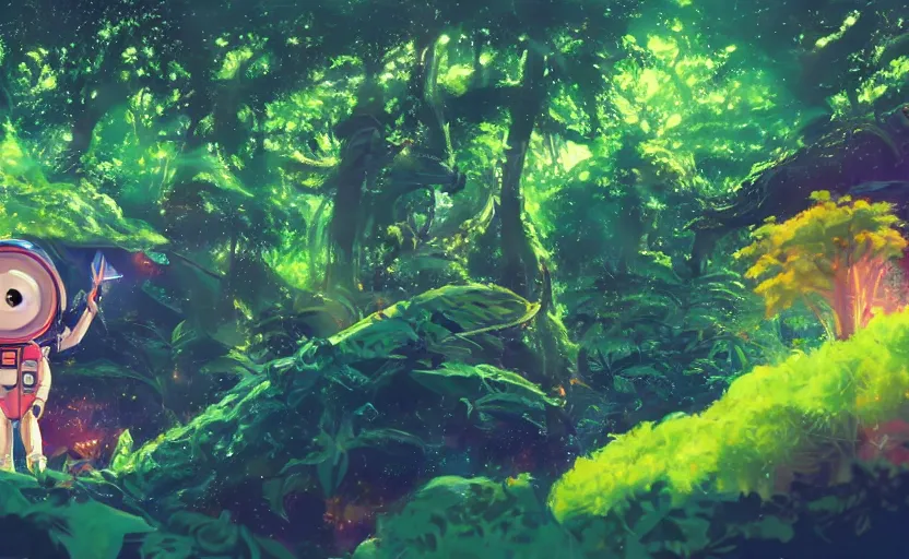 Image similar to a still of a cute adorable tiny astronaut, on a planet of lush colorful foliage, with an enormous kaiju dragon surrounding the full background, magical forest, sharp focus, neon backlit, highly detailed, disney pixar studio ghibli makoto shinkai, digital painting, matte, octane render, cinematic bloom, global illumination, iridescent, anime, 8 k concept art