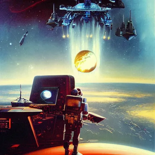 Image similar to digital painting of james holden sitting in the captains chair on a spaceship, art by greg rutkowski, scifi art by bob eggleton, space art by robert mccall, ultradetailed