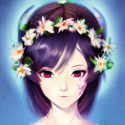 Image similar to portrait of anime pixie character with flower crown hair, manga cover, highly detailed, digital painting, artstation, concept art, sharp focus, illustration, strong brush stroke, anime, art by greg rutkowski, ilya kuvshinov, sharp focus, ghibli studio, art by ilya kuvshinov, rossdraws