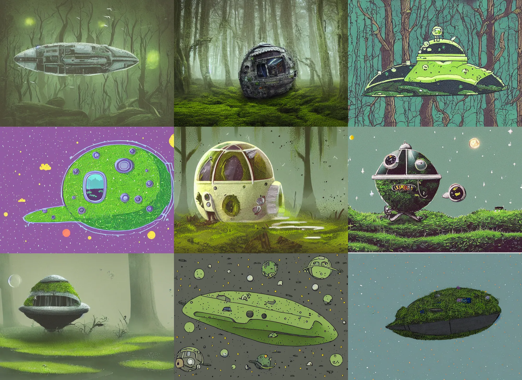 Prompt: illustration of a cute spaceship covered in patches of moss, foggy morning swamp