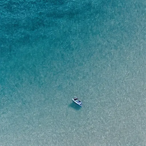 Image similar to aerial view of a lone boat in the middle of the ocean. 35mm. tilt shift. 8k. high resolution photo. detailed. sharp W-1024 H-1024