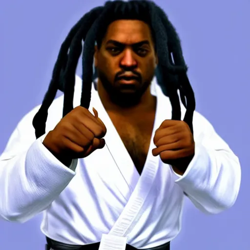 Prompt: hyperrealistic image of overweight black martial artist with dreadlocks in uniform doing kata, grand theft auto style