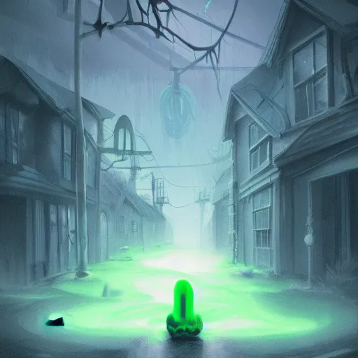 Prompt: a being of green ghostly viscous slime ooze making its way through abandoned midnight suburban streets, inevitable doom, concept art, goosebumbs novel cover, wisp lights, rhads,