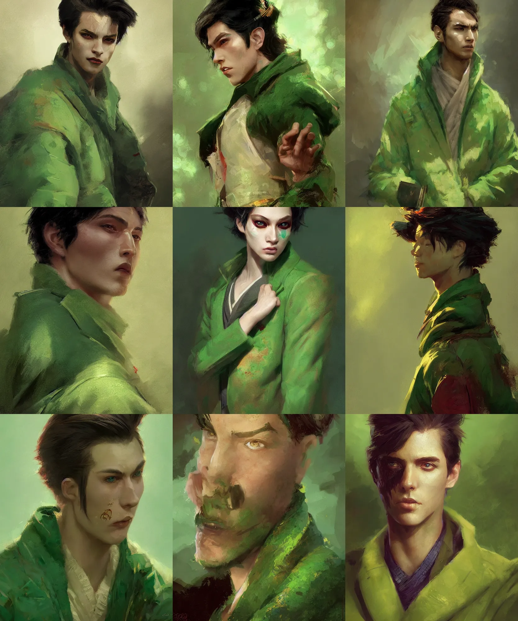 Prompt: digital art painting of young handsome guy dnd portrait, short straight hair, geisha make up, wearing a green jacket painted by craig mullins and gaston bussiere and greg rutkowski, dramatic lighting, ambient lighting, close up