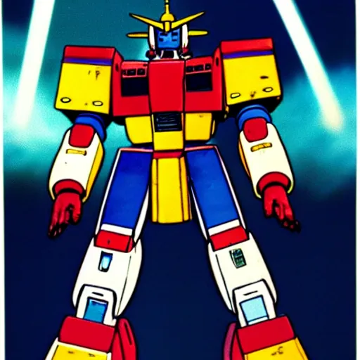 Prompt: a 1 9 8 0 s advertisement displaying a monk piloting a gundam mech suit, highly detailed, sharp focus, hq, post grunge, subtle colors.