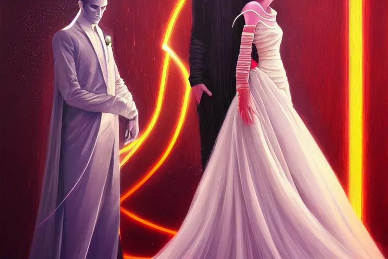 Image similar to wedding day 🫀👩🏾, futuristic wedding dress, neon god of city character portrait, in the style of margaret keane, moebius, tom bagshaw, and waterhouse, cinematic lighting, beautiful, elegant, oil painting,