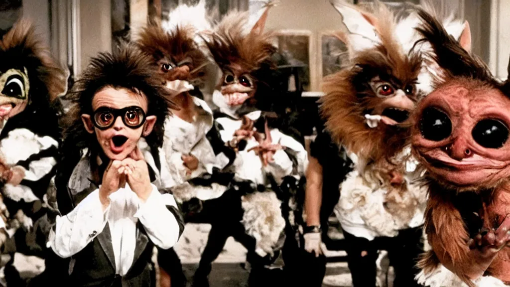 Image similar to Gremlins disguised as soundcloud rappers and heath food influencers orchestrate black swan event stock market crypto crash, film still from Gremlins 3 directed by Joe Dante, Nathan Fielder and Groucho Marx