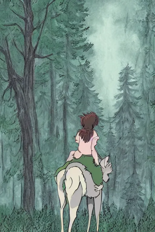 Image similar to young girl on a gray wolf, in a dark forest, in ghibli style