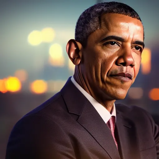 Image similar to a still of Barak Obama. Shallow depth of field. City at night in background, lights, colors ,studio lighting, mood, 4K. Profession photography