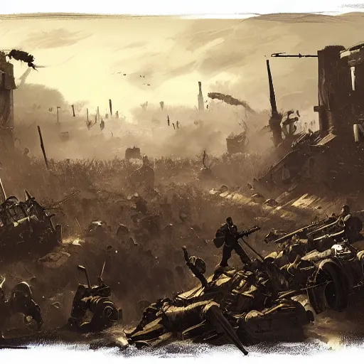 Image similar to jakob rozalski artstyle, steam punk war scene