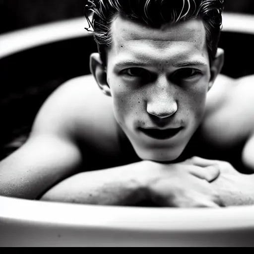 Prompt: photographic portrait by Annie Leibovitz of Tom Holland in a hot tub, foggy, black and white, moody, sigma 85mm f/1.4, 15mm, 35mm, 4k, high resolution, 4k, 8k, hd, full color