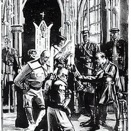 Prompt: hitler knighting the terminator in a church