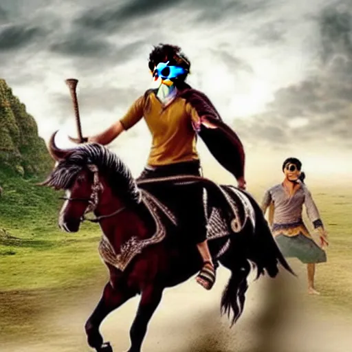 Prompt: harry potter in bahubali ~ on a horse ~