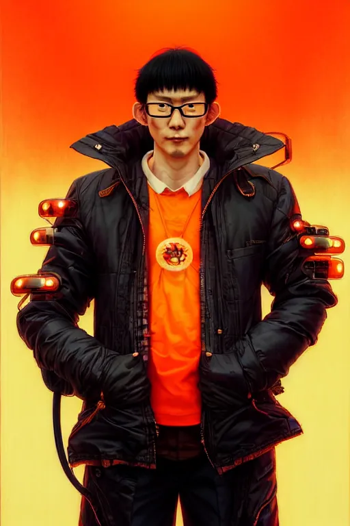 Image similar to a japanese man with short black hair, broad shoulders, thick round spectacles, wearing a bright orange bomber jacket, seductive cyberpunk dark fantasy, art by artgerm and karol bak and moebius and alphonse mucha and greg rutkowski, hyperdetailed, ultrarealistic, octane render