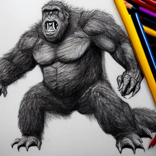 Image similar to Godzilla Fighting King Kong, beautiful, pencil sketch, HD,highly detailed