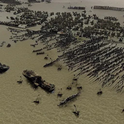 Image similar to birds eye view of the normandy landing in the style of saving private ryan and age of empires