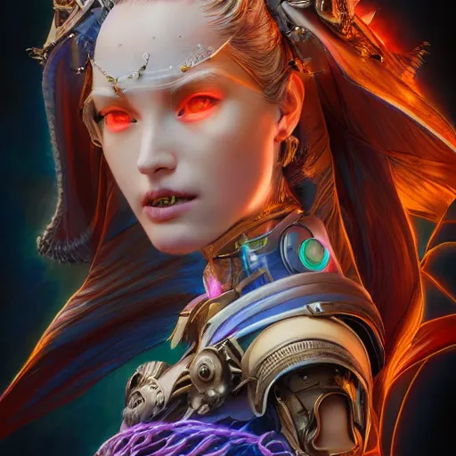 Image similar to studio portrait of lawful good colorful female holy mecha paladin absurdly beautiful, elegant, young sensual graceful woman, ultrafine hyperrealistic detailed face illustration by kim jung gi, irakli nadar, intricate linework, sharp focus, bright colors, matte, octopath traveler, final fantasy, unreal engine highly rendered, global illumination, radiant light, intricate environment