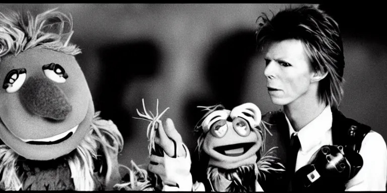 Image similar to Cinematography of Heroes era David Bowie in 1981 shot on a 9.8mm wide angle lens on the set of The Muppet Movie