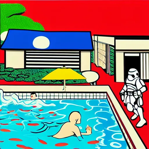 Image similar to hyperrealism composition of the japanese house with a hot springs in the garden, two detailed stormtroopers bathe in a hot spring, pop - art style, jacky tsai style, andy warhol style, roy lichtenstein style, round canvas, acrylic on canvas