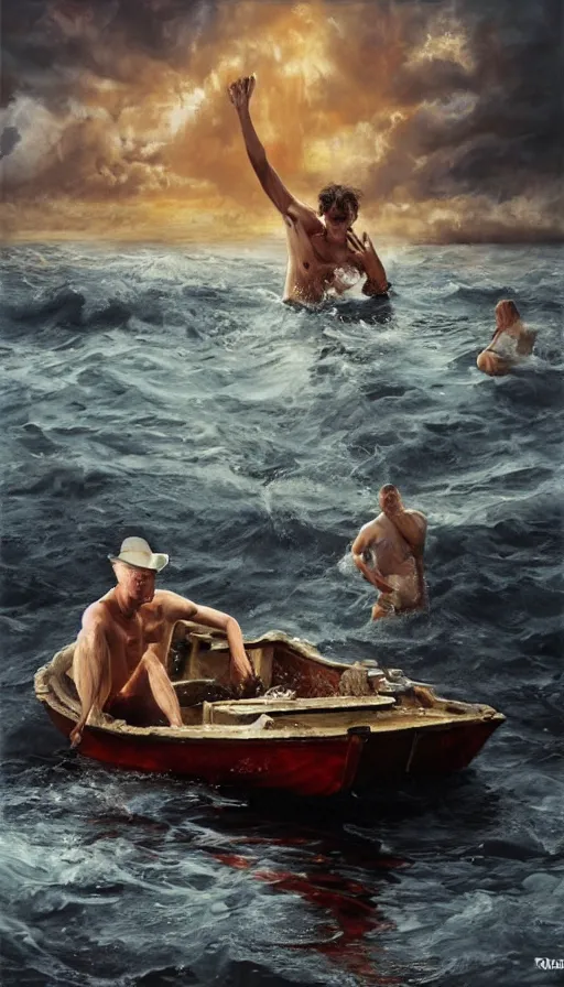 Image similar to man on boat crossing a body of water in hell with creatures in the water, sea of souls, by rob hefferan