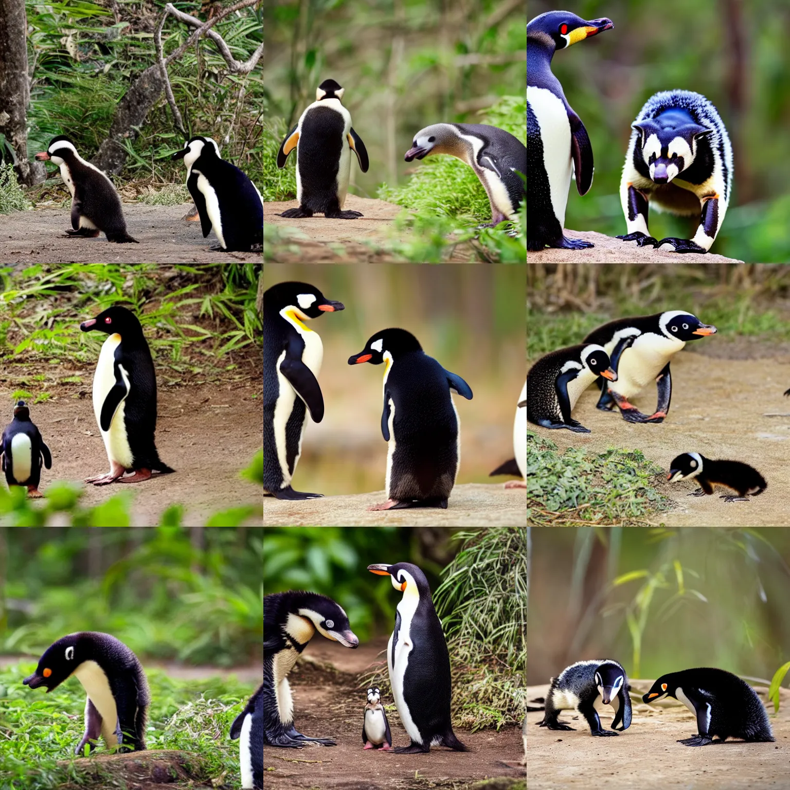 Prompt: one honey badger in forest looking at two penguin looking at one small snake