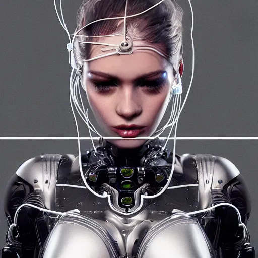 Image similar to a beautiful woman wearing robot suit with wires and light, highly detailed, photorealistic, artstation, smooth