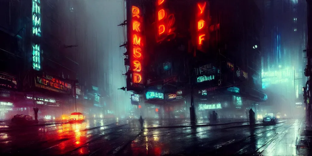 Image similar to beautiful painting by jeremy mann, cyberpunk street, neon signs, still from blade runner movie, desaturated, oil painting, perfect composition, detailed octane render trending on artstation, misty, ominous, unsettling, 8 k artistic photography, volumetric cinematic perfect light, wlop, artgerm, greg rutkowski