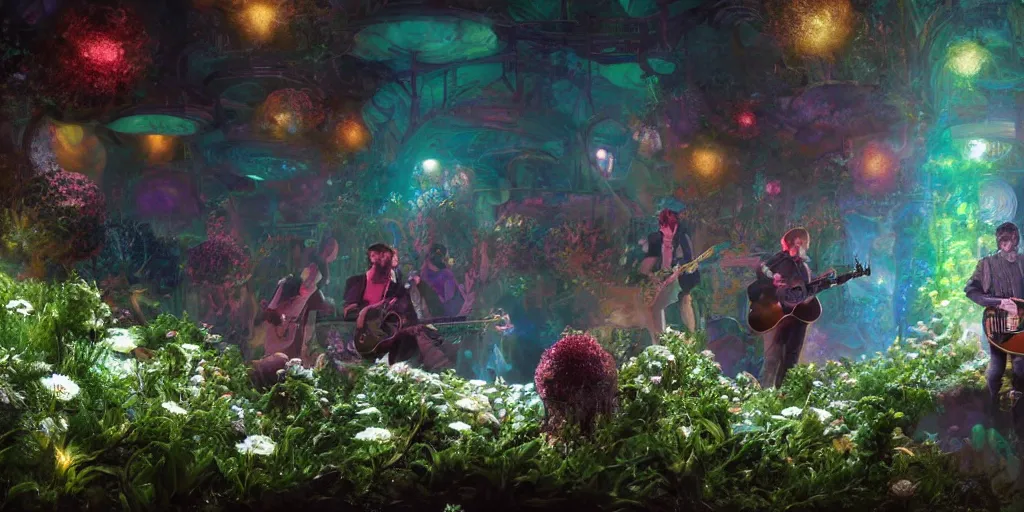 Image similar to digital artwork of anthromorphic sea urchin male, rock band, performing on stage full of beautiful flowers, guitar, advanced stage lighting, audience under stage waving green glow sticks, concept art, 8 k, by greg rutkowski, gaston bussiere, 3 d vray render, craig mullins, high detail, cinematic, ue 4, unreal engine