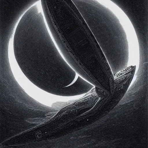 Image similar to starship, solar eclipse, looming over the earth, artstation hq, painting by gustave dore