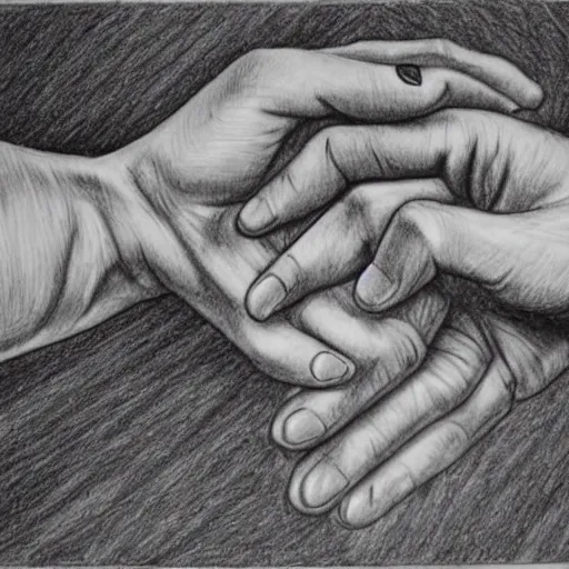 Prompt: M.C. Escher two hands drawing each other with a pencil