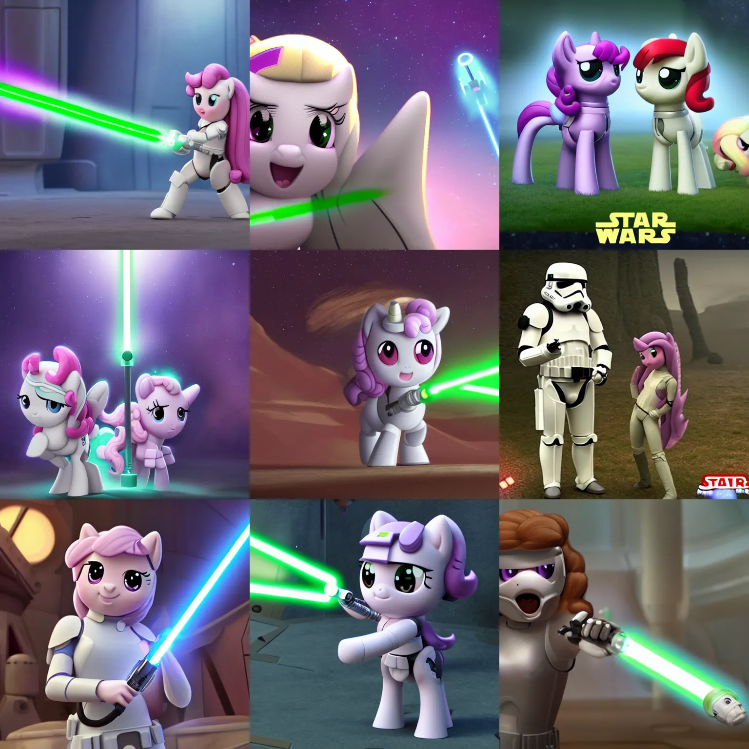 Prompt: sweetie belle in star wars : episode iv - a new hope as a kedi knight with a green lightsaber | trending on artstation, derpibooru, my little pony : friendship is magic in star wars, 8 k, cgi special effects, hyper - realistic, canon wide - angle lens