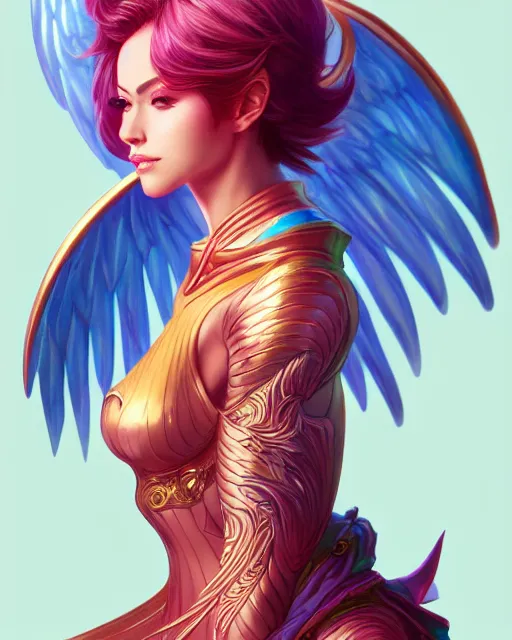 Prompt: 3 / 4 view of woman with wings, confident pose, pixie character, video game genshin impact, intricate, elegant, sharp focus, illustration, bright colors, concept art, matte, magali villeneuve, artgerm, anime, trending on artstation