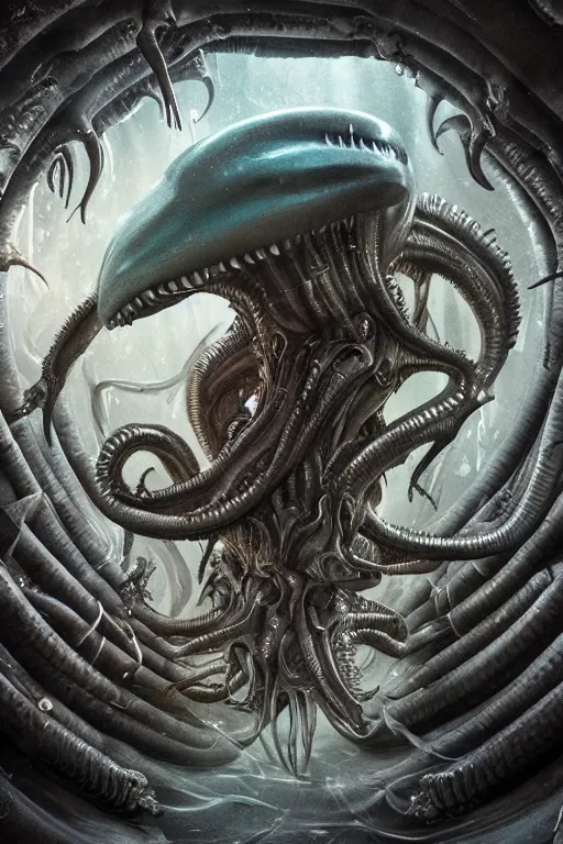 Prompt: underwater xenomorph alien mixed with sharks extra teeth, tentacles, emerging from labyrinth, highly detailed, digital painting, artstation, concept art, smooth, sharp focus, illustration, unreal engine 5, 8 k, art by david levy and carlos huante and ifbb pro fitness photograph
