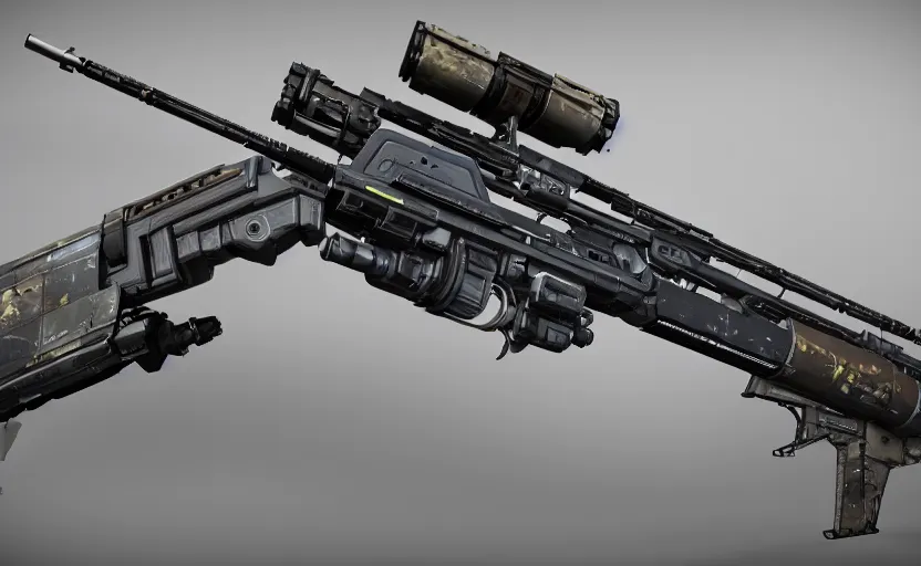 Prompt: extremely detailed side view of a sci fi rifle, chemically propelled, railgun, chemrail, gauss rifle, bullpup, with tubes and wiring, massive tank, sleek utopian design, caseless ammunition, ultra quality, realistic, octane render, call of duty, warframe