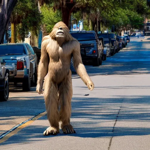 Image similar to bigfoot walking down the street in downtown Pensacola Florida