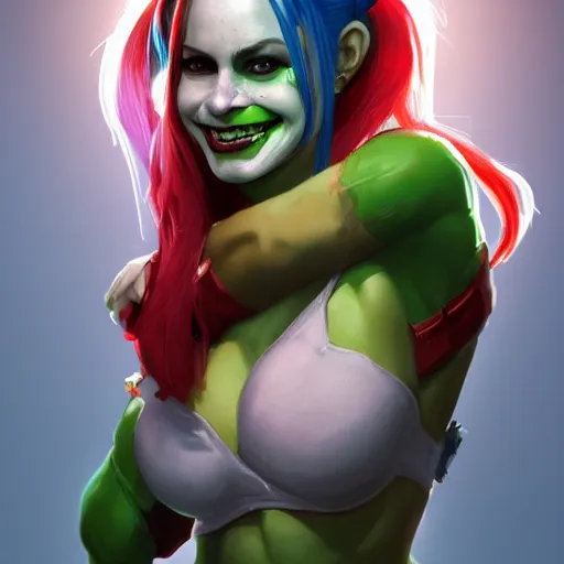 Image similar to portrait of harley quinn as shehulk,, au naturel, hyper detailed, digital art, trending in artstation, cinematic lighting, studio quality, smooth render, unreal engine 5 rendered, octane rendered, art style by klimt and nixeu and ian sprigger and wlop and krenz cushart.